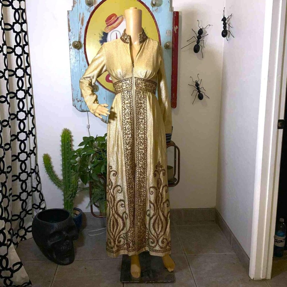 Vintage 60s Gold Lame Beaded Hostess Maxi Dress Duster with Double ended Zipper